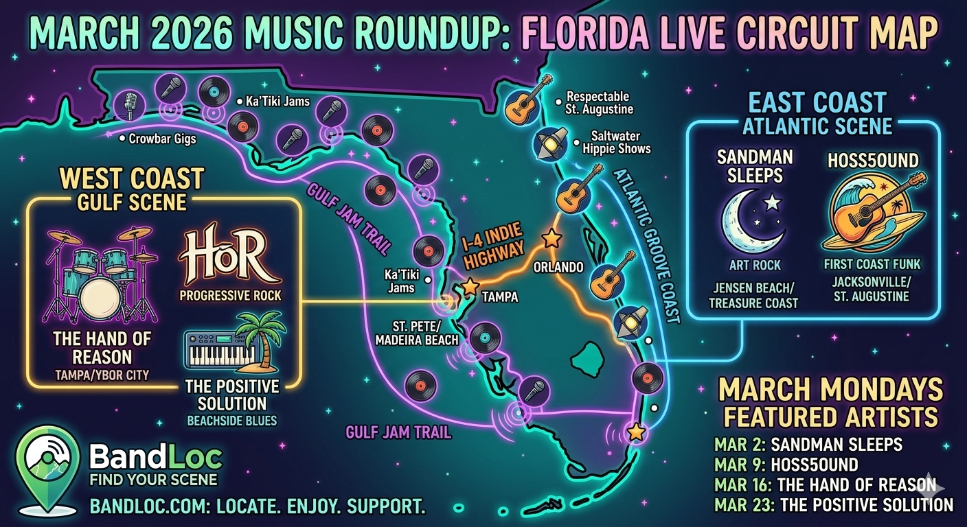 Illustrated map of Florida’s March 2026 music circuit featuring local band locations for Sandman Sleeps and Hoss5ound.