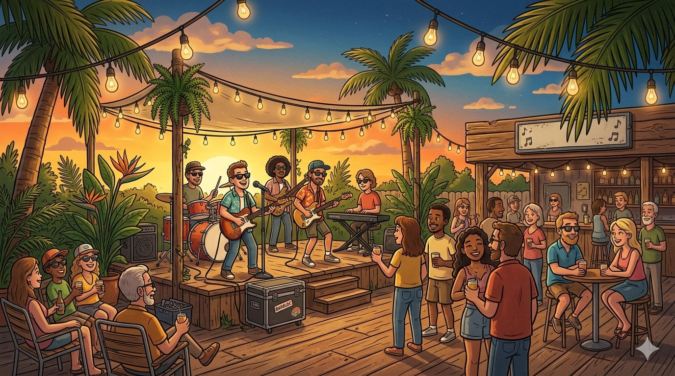 A vibrant, sun-drenched outdoor concert stage during a spring sunset in Florida, capturing the lively atmosphere of the local music scene.