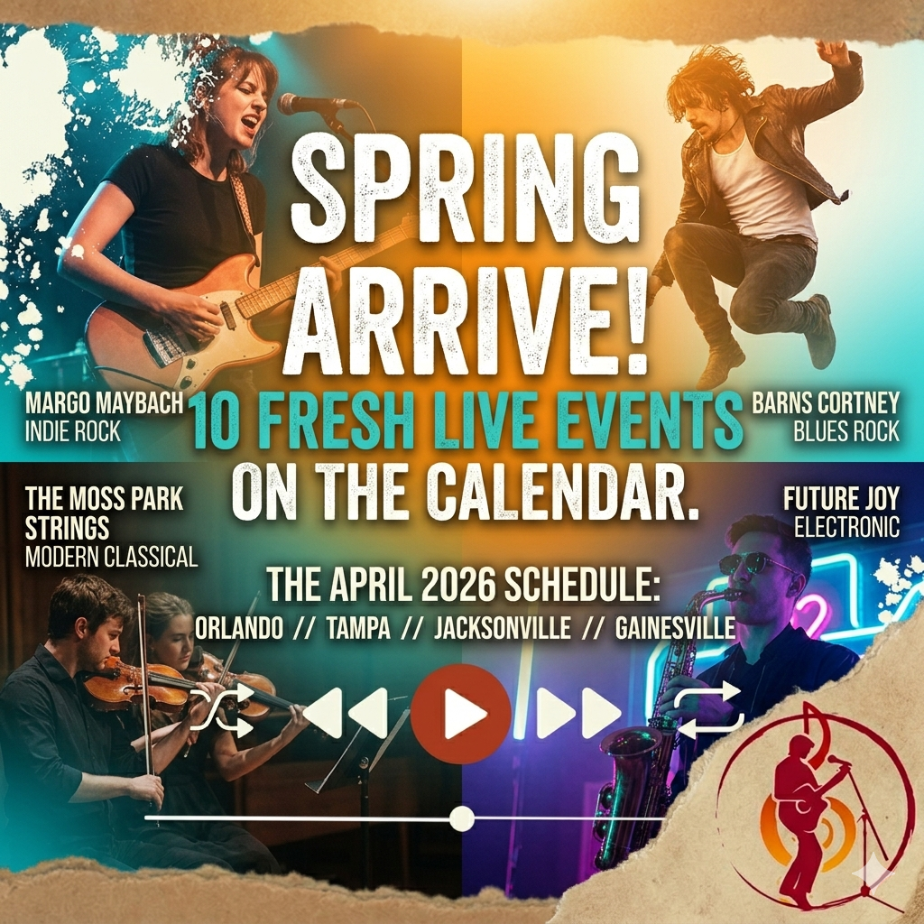 Collage of local Florida bands including Barns Courtney and Margo Maybach performing live on stage.