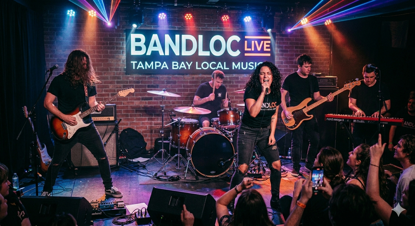 Collage of local Tampa Bay bands performing live on stage at intimate music venues for a concert guide.