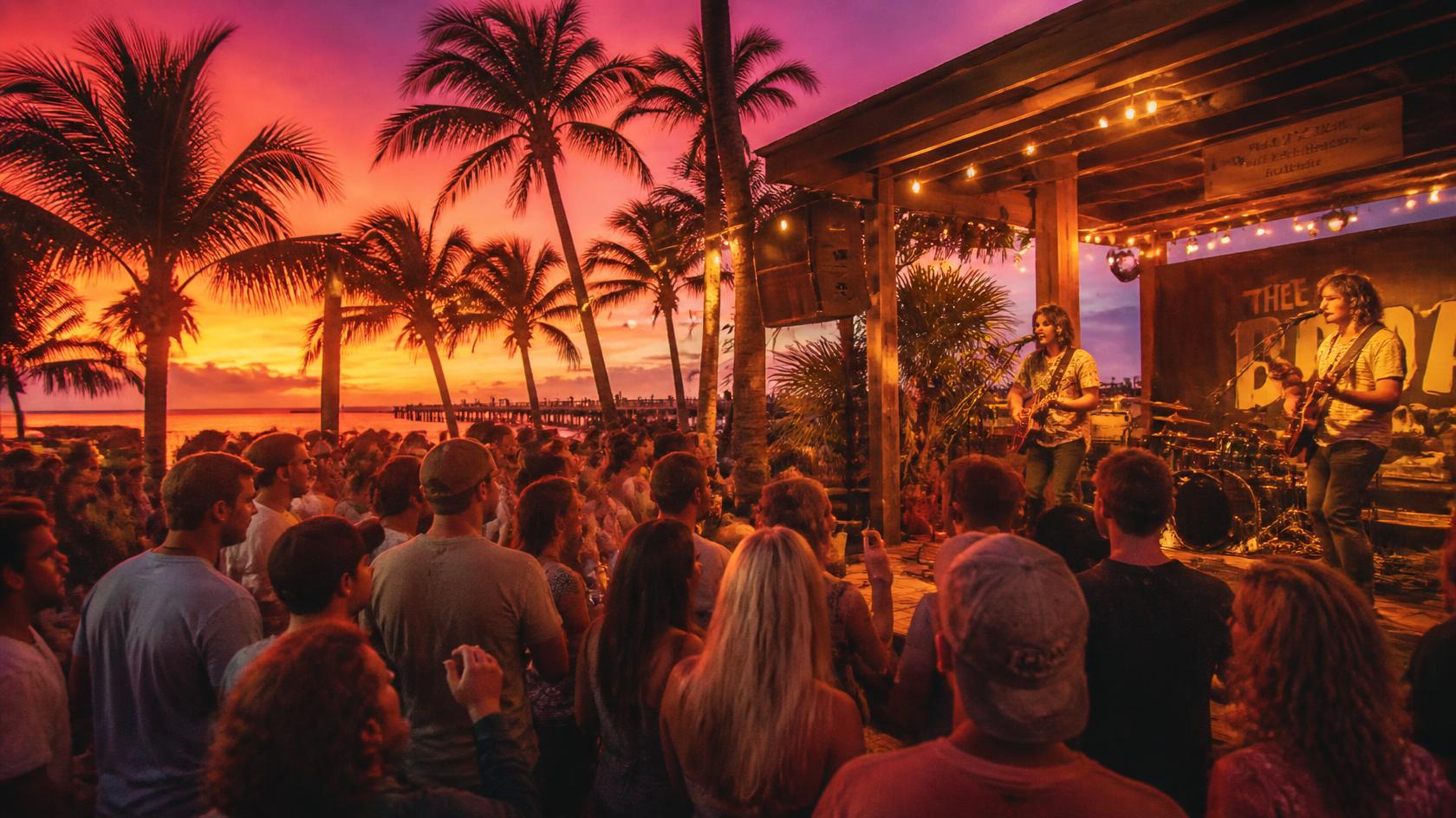 Local live music band performing on an outdoor stage at sunset in Florida.