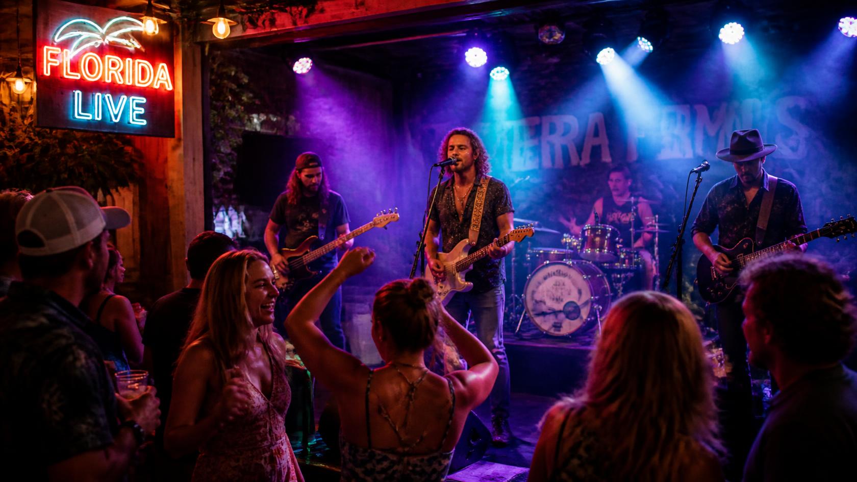 Local live band performing under stage lights at an intimate music venue in Florida.